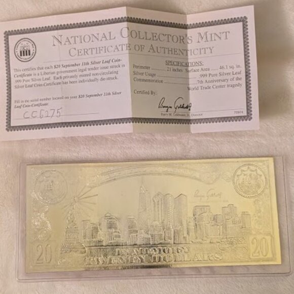 O1 2008 $20 SEPTEMBER 11 SILVER LEAF COIN-CERTIFIED - Picture 2 of 4